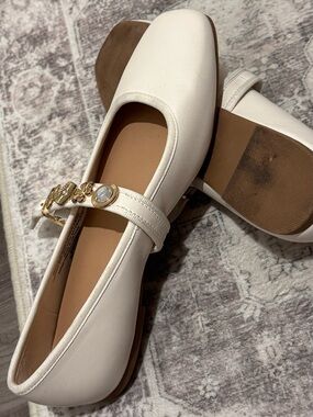 Women’s White Mary Jane Flats with Gold Accent